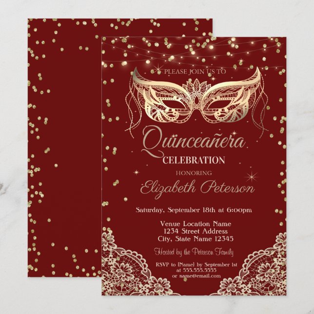 Masquerade, Lace, Diamonds Quinceañera Invitation (Front/Back)
