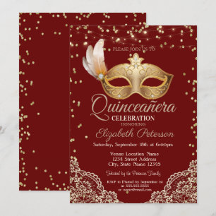 Masquerade, Lace, Diamonds Red Quinceañera  Invitation