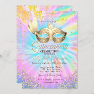 Masquerade, Lace, Diamonds Tie Dye Quinceañera Invitation