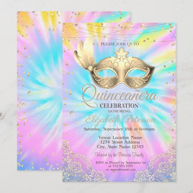 Masquerade, Lace, Diamonds Tie Dye Quinceañera   Invitation (Front/Back)