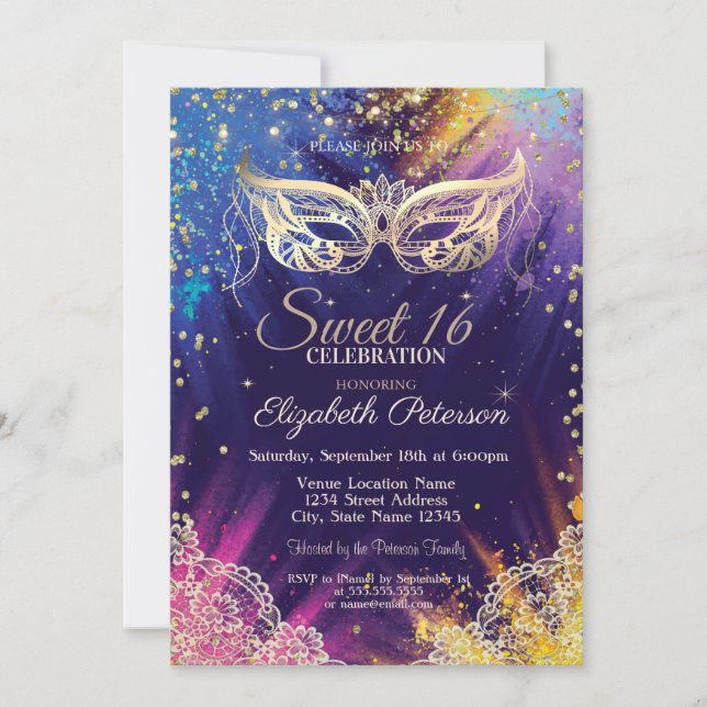 Masquerade, Lace,Paint Splash Sweet 16 Invitation (Front)