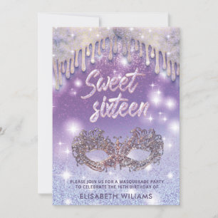Masquerade lilac drips sparkle glittery ombre  invitation