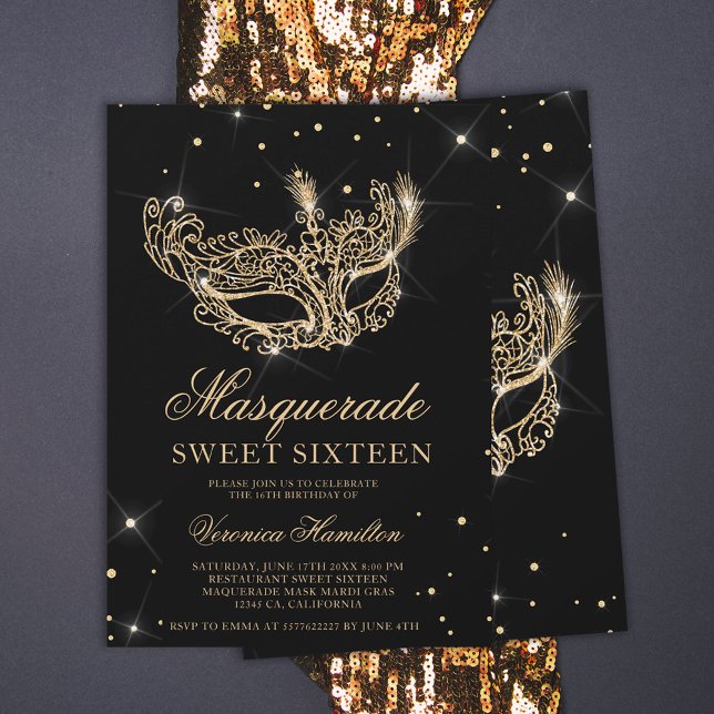 Masquerade mask black gold glitter Sweet 16 Invitation (Creator Uploaded)