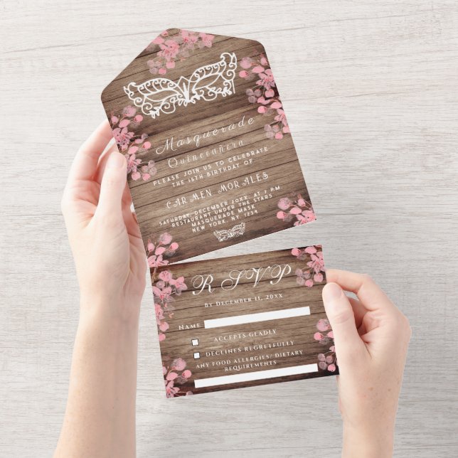 Masquerade Mask Cherry Blossom Wood Quinceanera All In One Invitation (Tearaway)