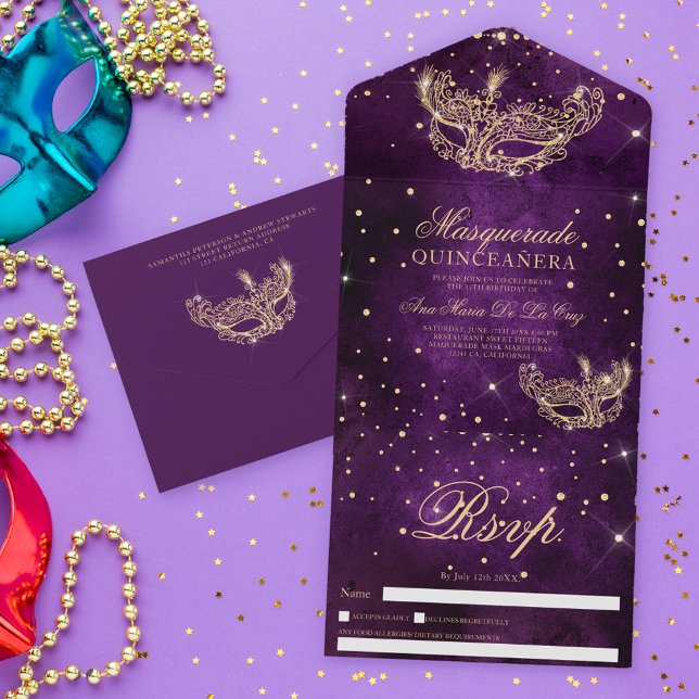 Masquerade mask chic gold glitter quinceanera plum all in one invitation (Creator Uploaded)