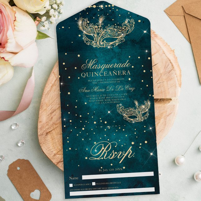Masquerade mask chic gold glitter quinceanera teal all in one invitation (Creator Uploaded)