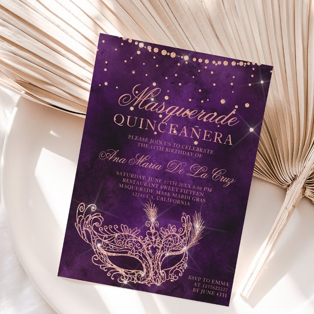 Masquerade mask chic rose gold glitter quinceanera invitation (Creator Uploaded)