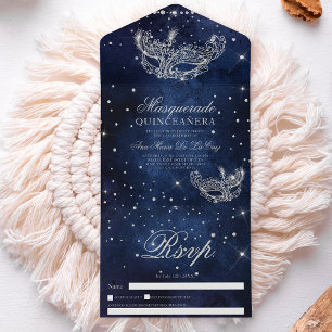 Masquerade mask chic silver glitter quinceanera all in one invitation