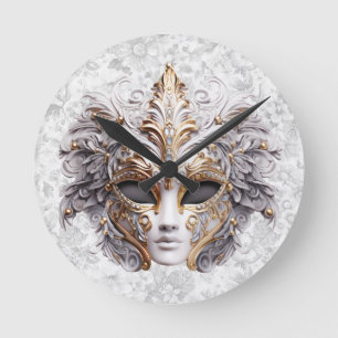 Masquerade Mask  Colored in Grays Round Clock