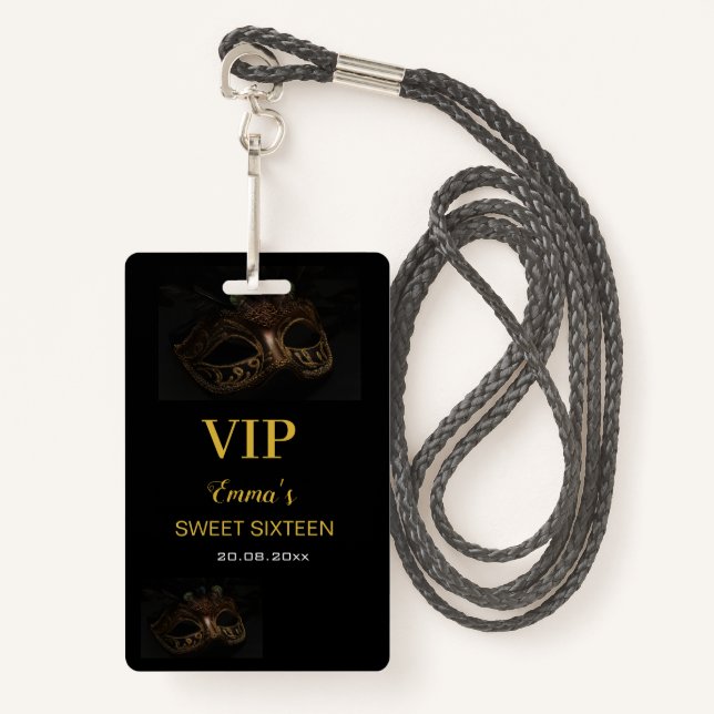 Masquerade Mask Elegant Gold Black Sweet 16 15 VIP ID Badge (Front with Lanyard)
