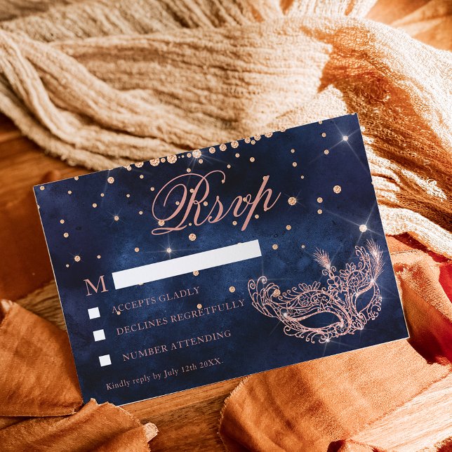 Masquerade mask elegant rose gold glitter RSVP (Creator Uploaded)