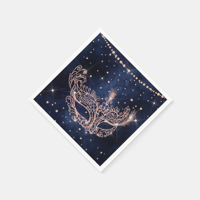 Masquerade mask elegant rose gold glitter sparkles napkin (Corner)
