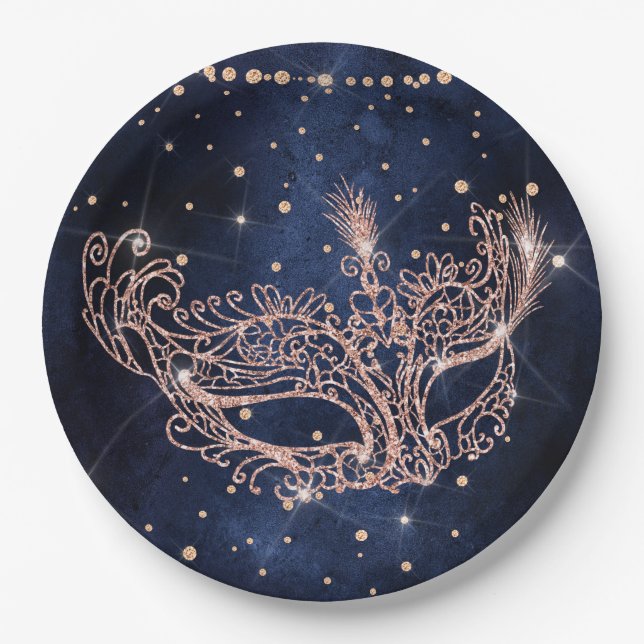 Masquerade mask elegant rose gold glitter sparkles paper plate (Front)