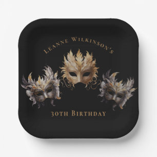 Masquerade Mask Gold Feather Birthday Black Paper Plate