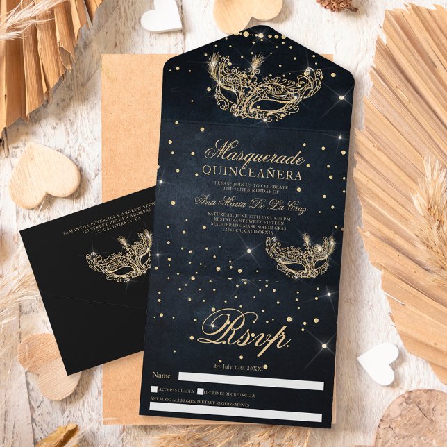 Masquerade mask gold glitter quinceanera black all in one invitation (Creator Uploaded)