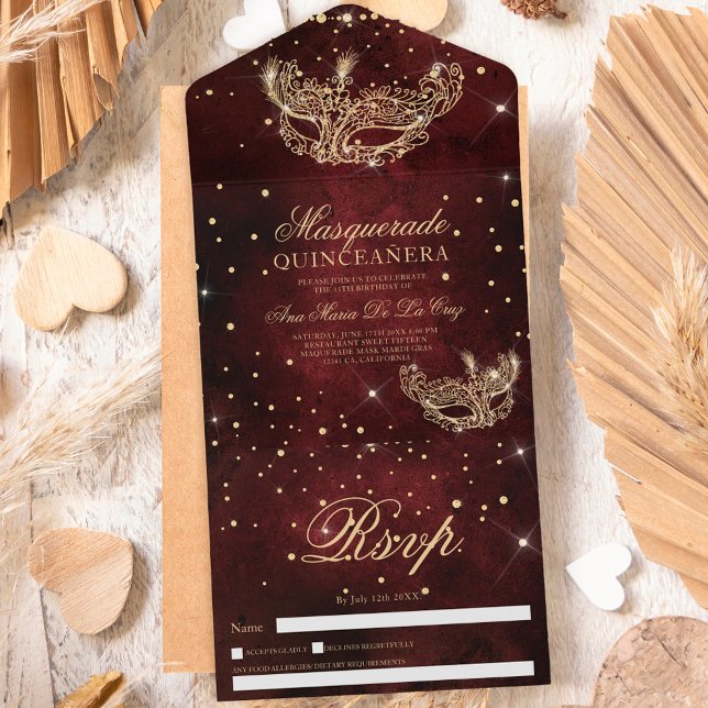 Masquerade mask gold glitter quinceanera burgundy all in one invitation (Creator Uploaded)