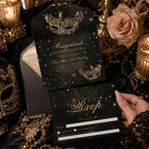 Masquerade mask gold glitter quinceanera sepia all in one invitation