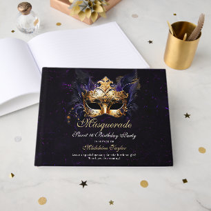 Masquerade Mask Gold Purple Dramatic 16th Birthday Guest Book