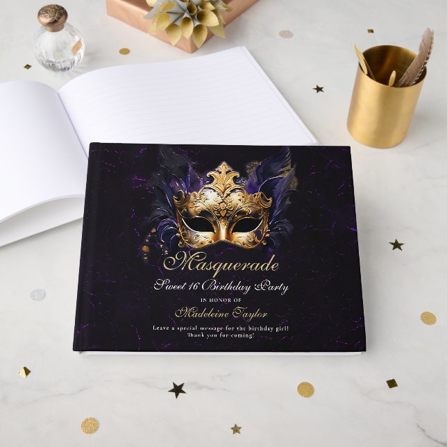 Masquerade Mask Gold Purple Dramatic 16th Birthday Guest Book (Front Open)