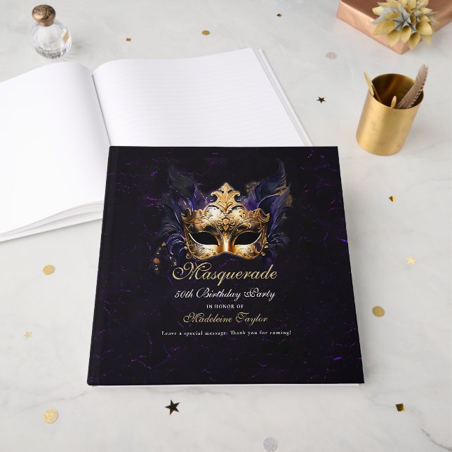 Masquerade Mask Gold Purple Dramatic 50th Birthday Guest Book (Front Open)