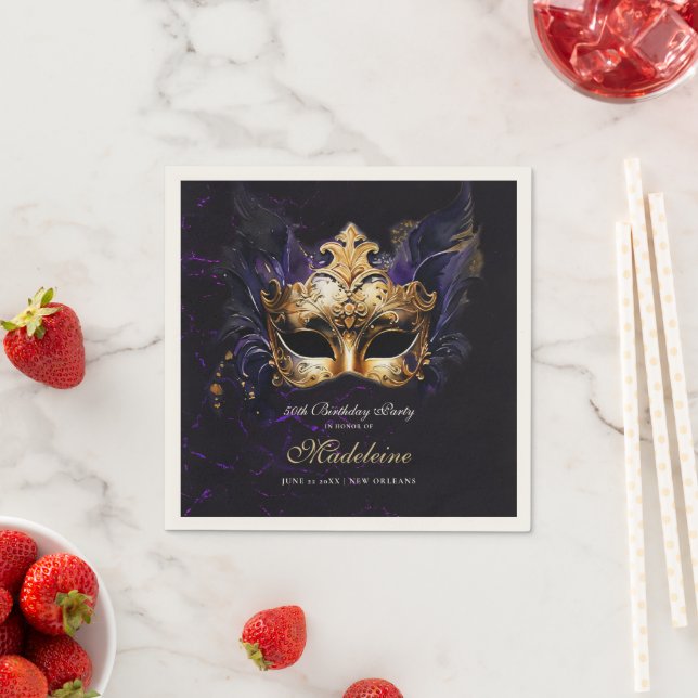 Masquerade Mask Gold Purple Dramatic 50th Birthday Napkin (Insitu)