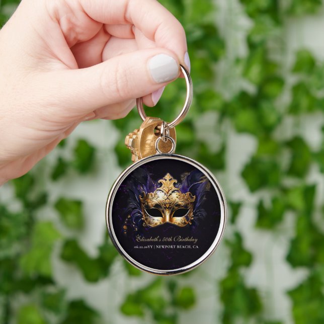 Masquerade Mask Gold Purple Dramatic Gift Favor Key Ring (Hand)