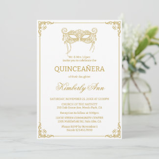 Masquerade mask gold quinceanera invitation
