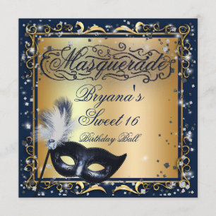 Masquerade Mask Gold & Royal Blue Birthday Party Invitation