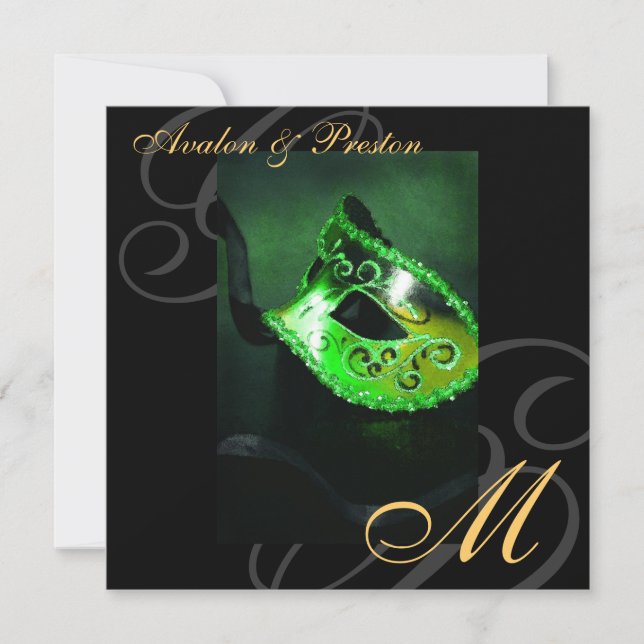 Masquerade Mask Green  Swirl Wedding Invitation (Front)