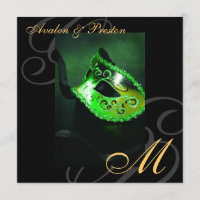 Masquerade Mask Green  Swirl Wedding Invitation