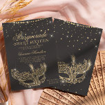 Masquerade mask grey gold glitter Sweet 16 Invitation<br><div class="desc">A modern,  chic and glamourous sweet sixteen with a hand drawn gold glitter masquerade mask with rose gold glitter diamond sparkles on an editable dark grey background.</div>