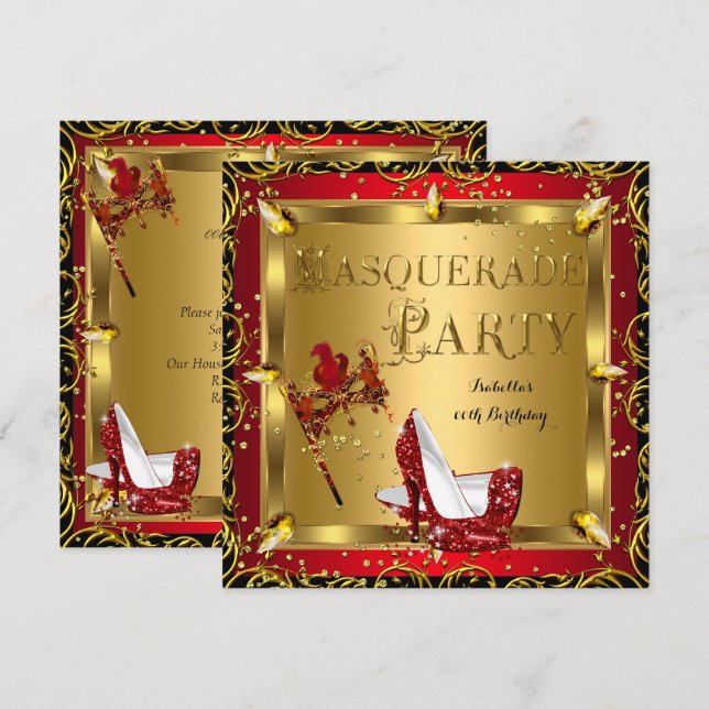 Masquerade Mask High Heel Red Gold Birthday 2 Invitation (Front/Back)