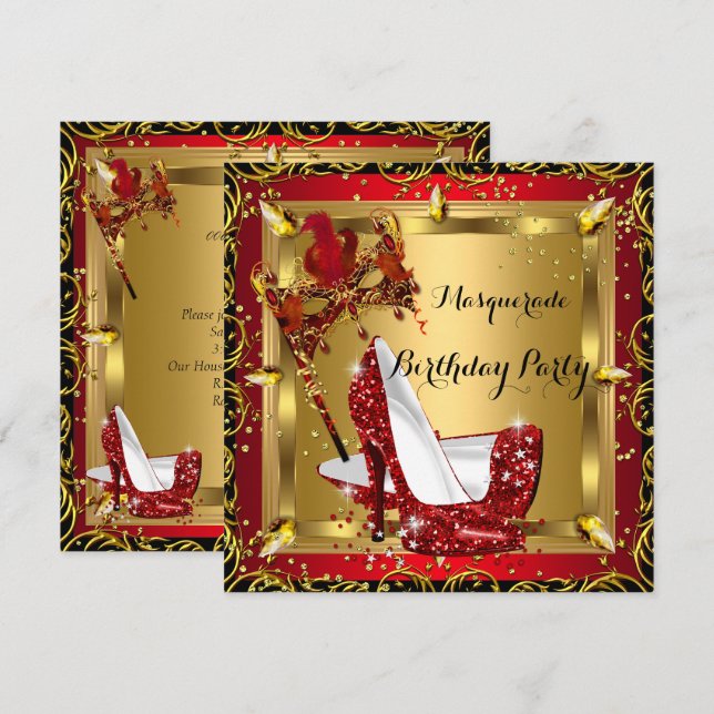 Masquerade Mask High Heel Shoe Red Birthday 3 Invitation (Front/Back)