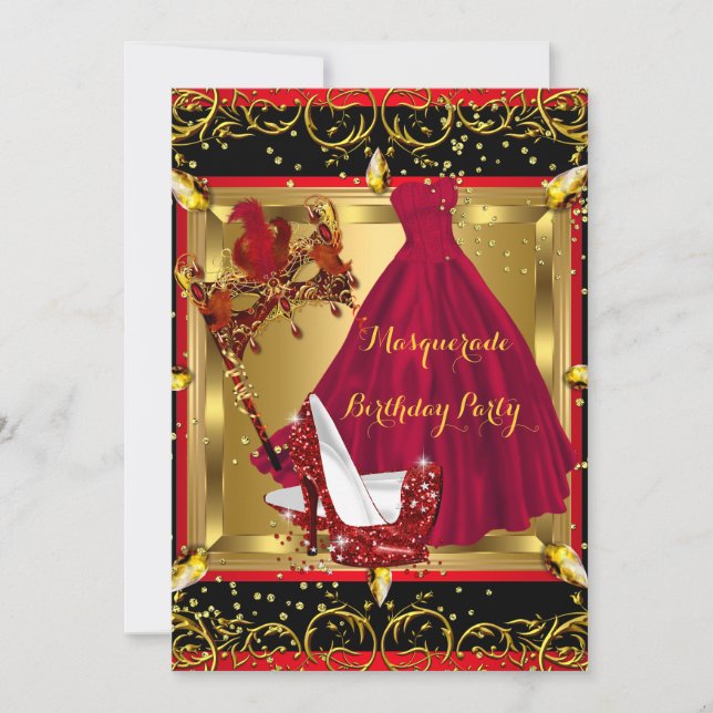 Masquerade Mask High Heel Shoe Red Birthday 4 Invitation (Front)