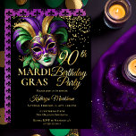 Masquerade Mask Mardi Gras 90th Birthday Party<br><div class="desc">Make a bold and unforgettable statement with this Elegant Masquerade Mask 90th Birthday Party Invitation. Featuring an ornate masquerade mask in rich purple, green, and gold tones, this design is accented with shimmering real gold foil confetti and foil typography for a truly luxurious finish. Set against a dramatic black background,...</div>
