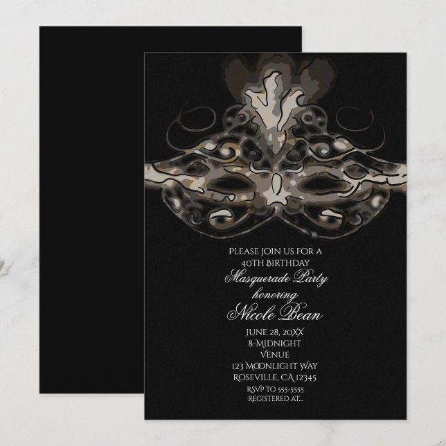 Masquerade Mask Modern Chic Hand Drawn Invitation (Front/Back)