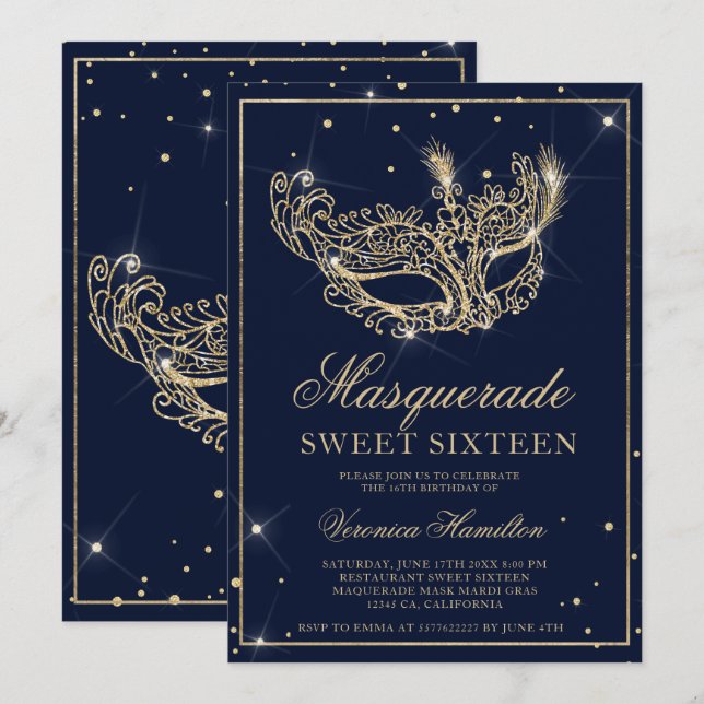 Masquerade mask navy blue gold glitter Sweet 16 Invitation (Front/Back)