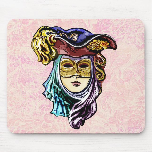  Masquerade Mask on Dusty Pink Brocade Pattern Mouse Mat (Front)