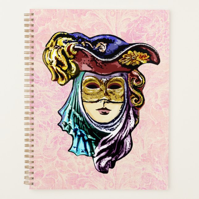  Masquerade Mask on Dusty Pink Brocade Pattern Planner (Front)