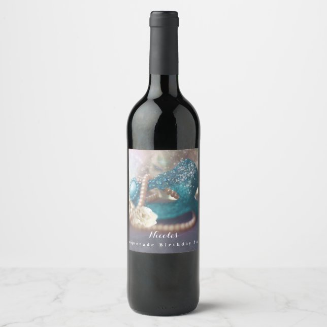 Masquerade Mask & Pearls Rainbow Party Wine Labels (Front)
