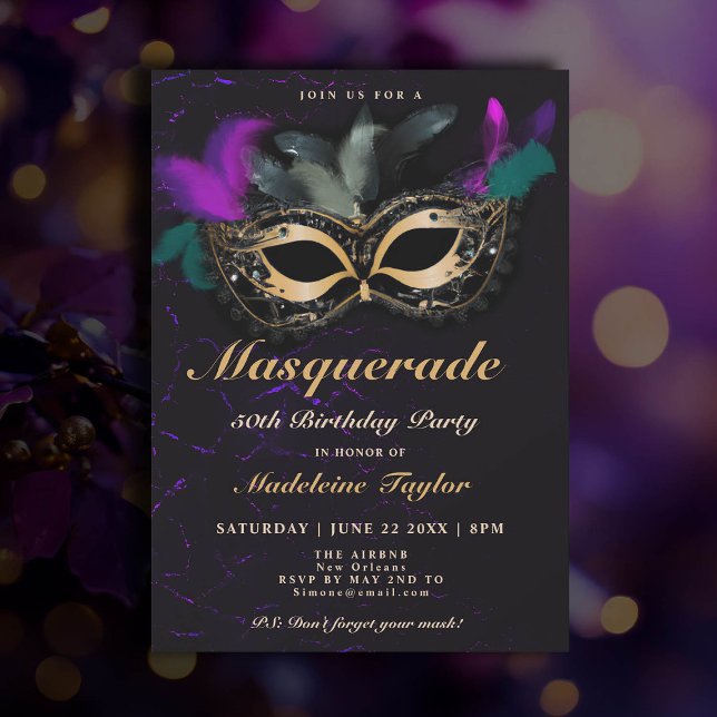 Masquerade Mask Pink Gold Black 50th Birthday Invitation (50th birthday themes masquerade party venetian mask elegant classy watercolor invitation)