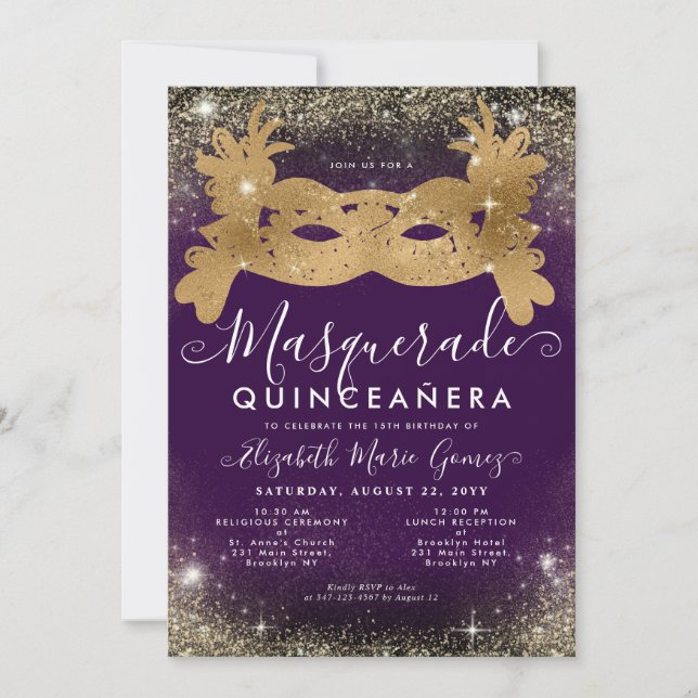 Masquerade Mask Purple Gold Glitter Quinceanera Invitation (Front)