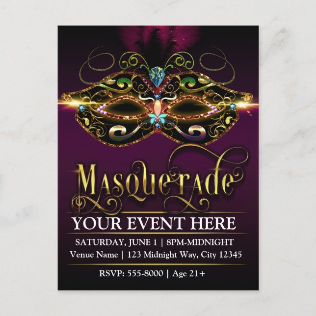MASQUERADE Mask Purple Promotional Party Postcard (Front)