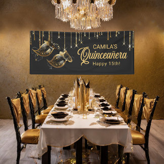 Masquerade Mask Quinceañera Black Gold ID1031 Banner