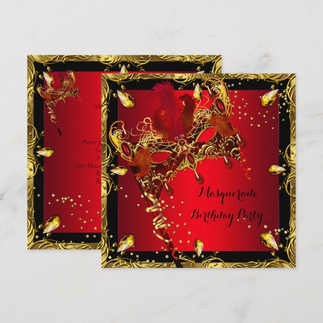 Masquerade Mask Red Gold Birthday Party Invitation (Front/Back)
