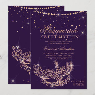 Masquerade mask rose gold glitter purple Sweet 16 Invitation