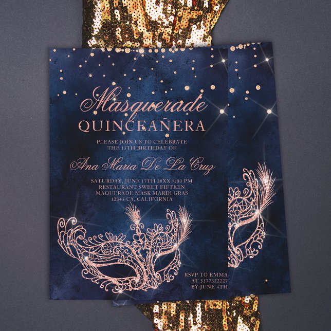 Masquerade mask rose gold glitter quinceanera invitation (Creator Uploaded)