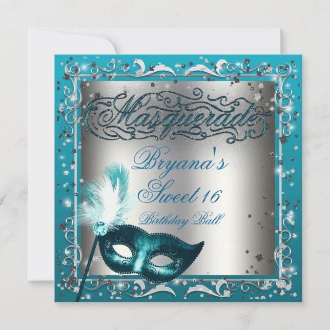 Masquerade Mask Silver & Aqua Teal Birthday Party Invitation (Front)