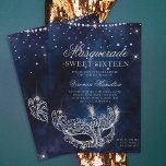 Masquerade mask silver glitter sparkles Sweet 16 Invitation<br><div class="desc">A modern,  chic and glamourous sweet sixteen with a hand drawn silver  glitter masquerade mask with silver glitter diamond sparkles on a dark navy blue watercolor background.</div>