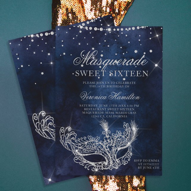 Masquerade mask silver glitter sparkles Sweet 16 Invitation (Creator Uploaded)